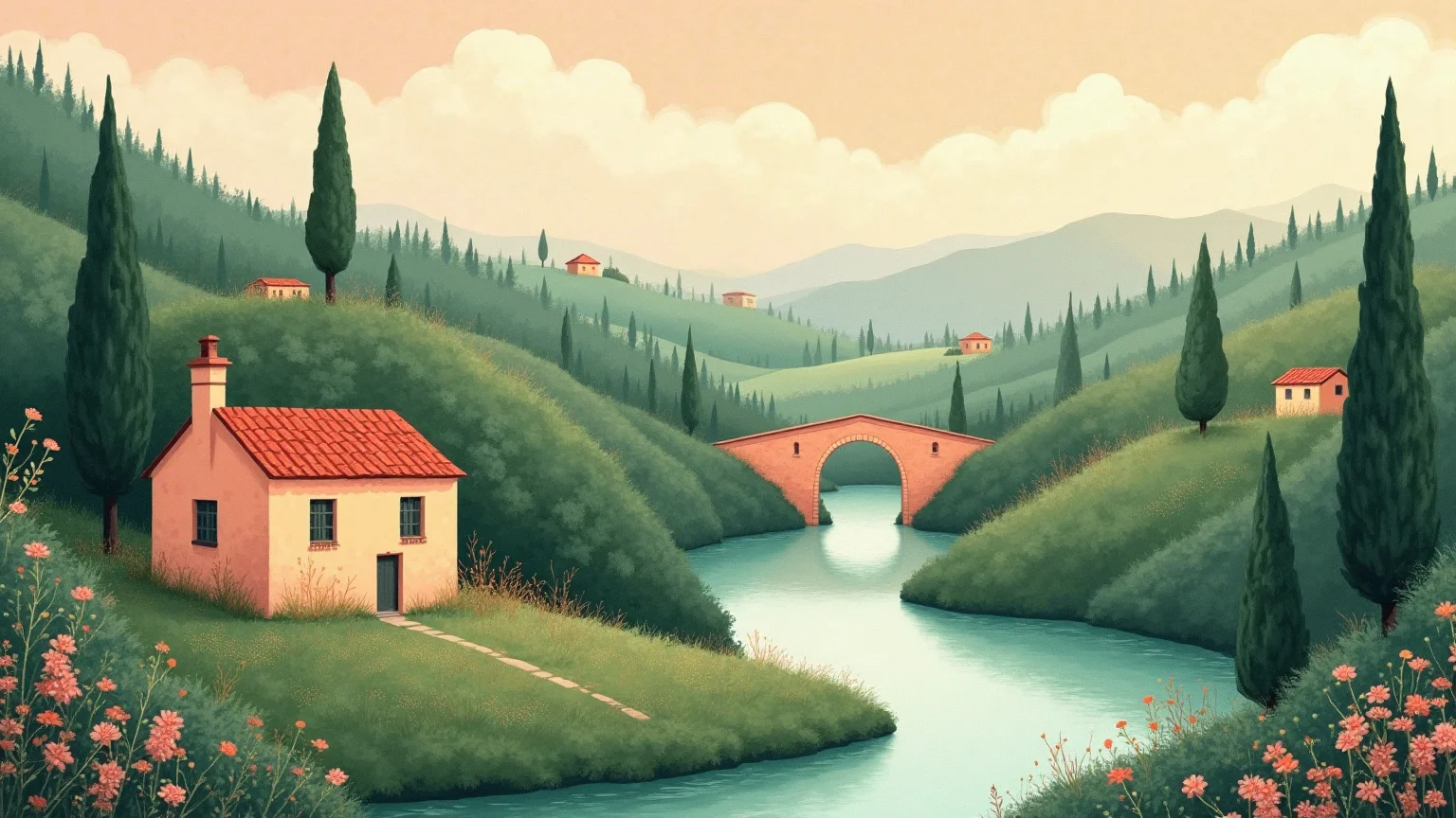 An illustrated cottage beside a river and stone bridge